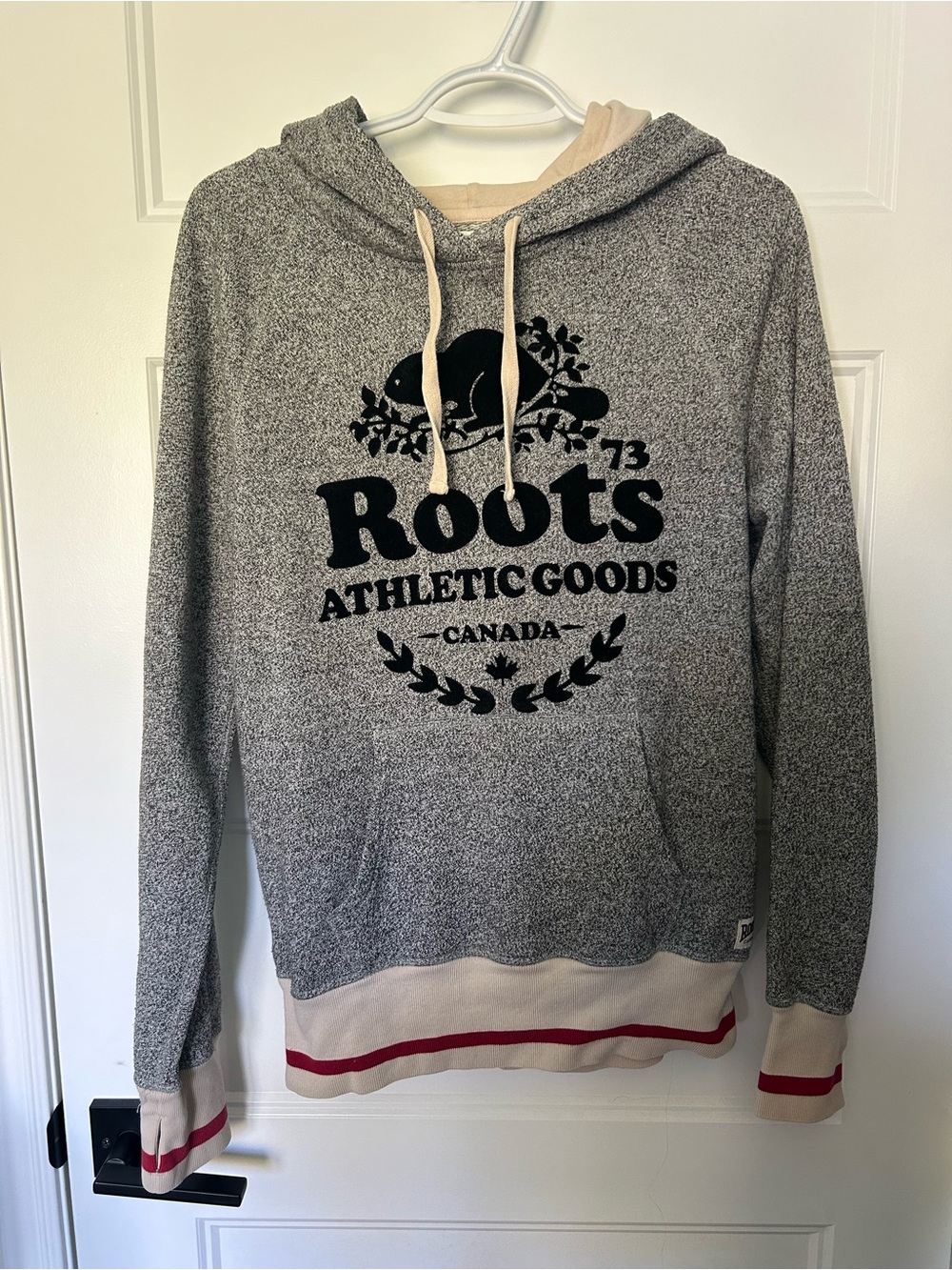 Roots Grey Pullover Hoodie with Black Logo and Cream Accents